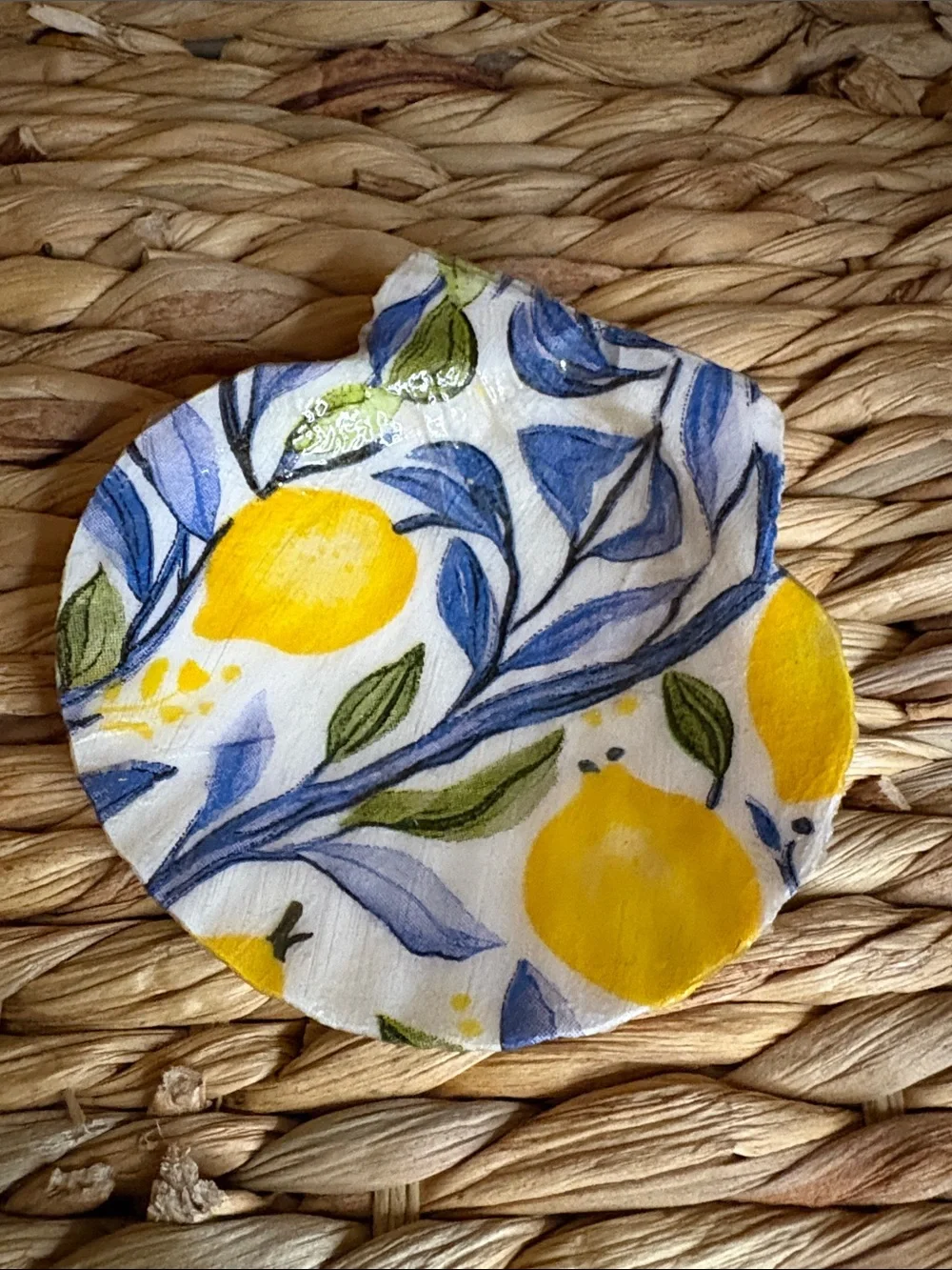 Hand Crafted Yellow & Blue Lemon Shell Accent Dish